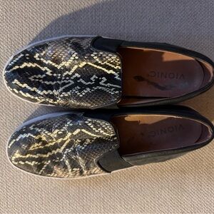 Vionic Black and Cream Snakeskin Loafers